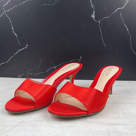 WSKEISP Women’s Peep Toe Slip On Mule Sandal Red Satin sz 8 - Picture 4 of 12
